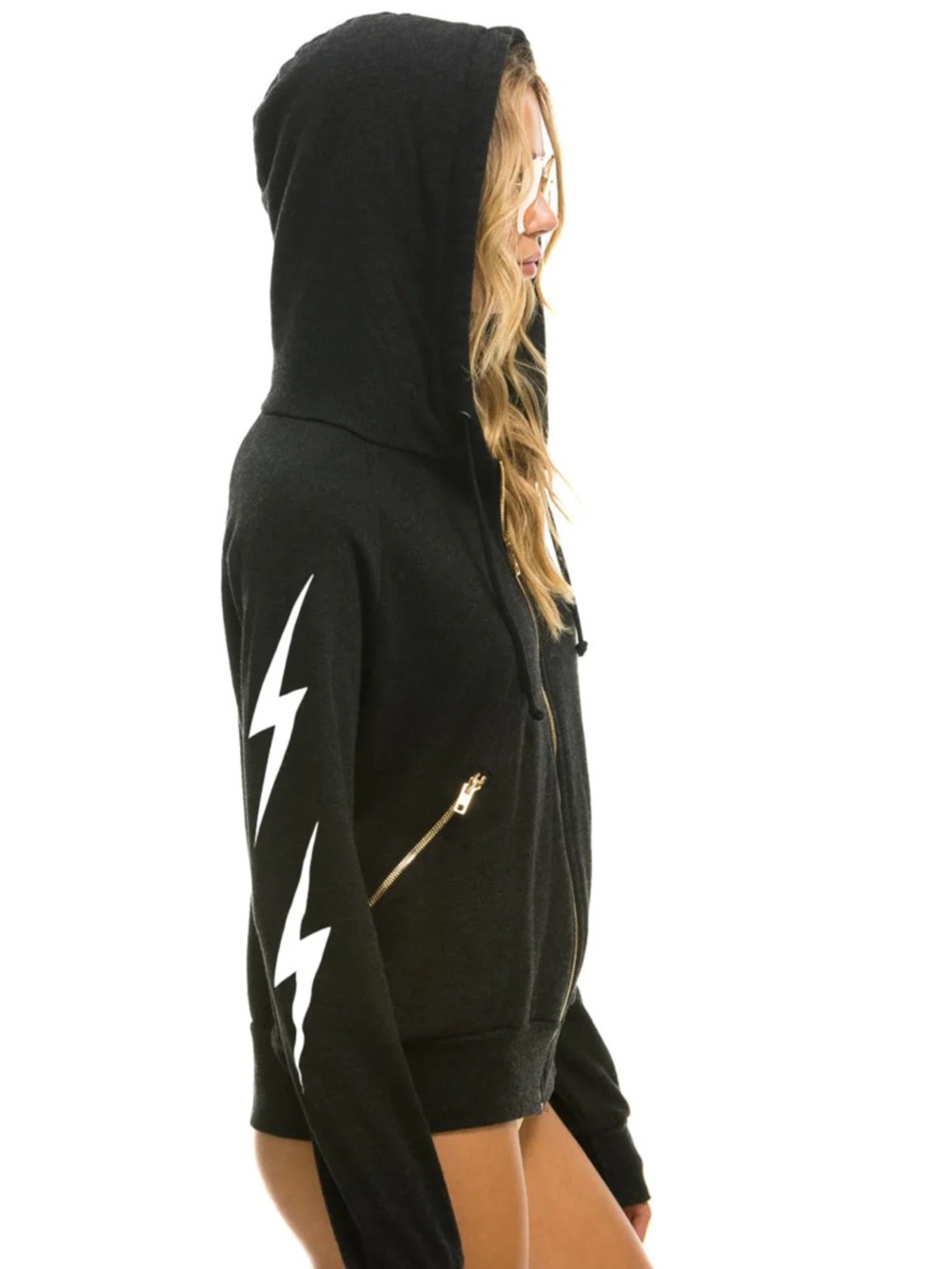 Aviator Nation Women's Charcoal Black Zip-Up Hoodie with Chevron Sleeve Detail